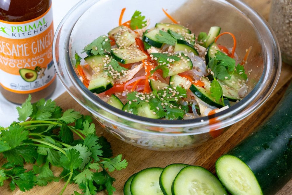 Fresh Cilantro Cucumber Cold Sesame Noodle Bowl With Chicken Primal Kitchen Recipe Using Sesame Ginger Vinaigrette Salad Dressing