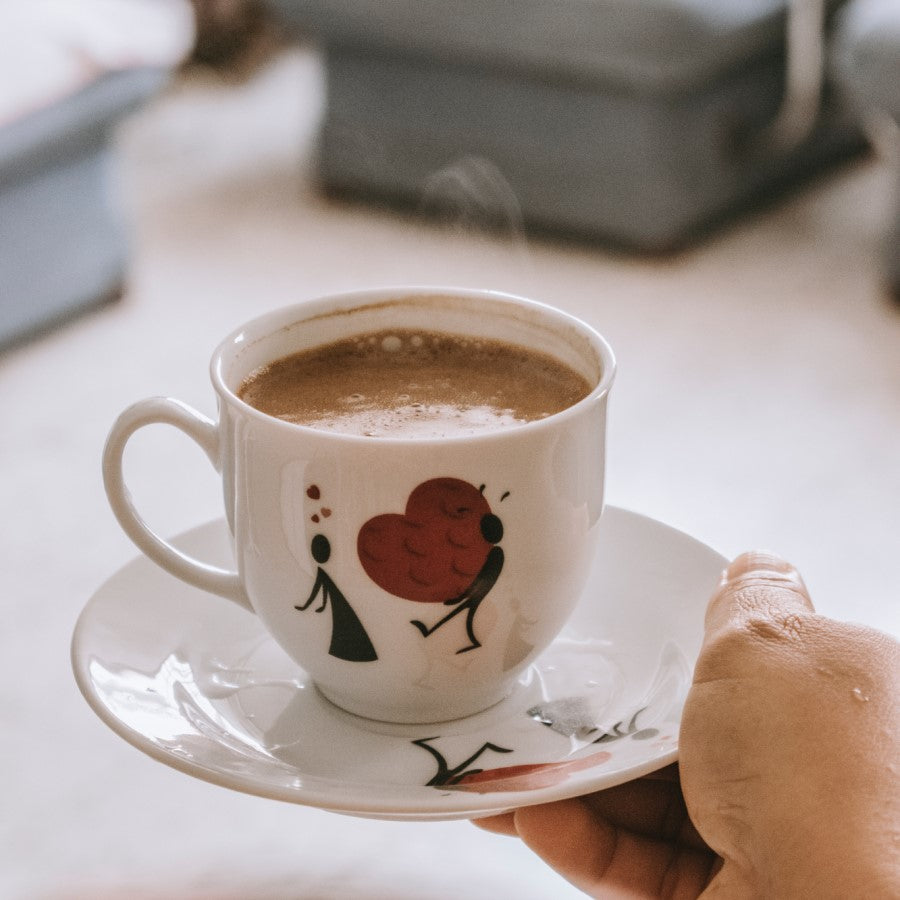 Cute Cup And Saucer With Couple In Love With Heart Equal Exchange Organic Coffee Love Buzz From Terra Powders