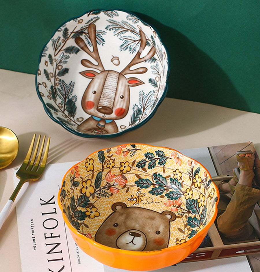Woodland Deer And Bear With Honey Cute Dishwasher Safe Bowls In Nordic Forest Friends Prints Ceramic Pottery Tableware