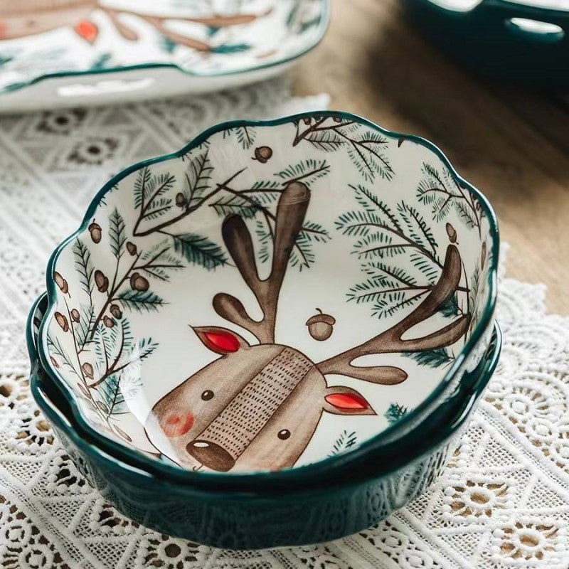 Woodland Print Ceramic Bowls With Scalloped Edges Adorable Delightful Deer Nordic Forest Friend Bowl On Table