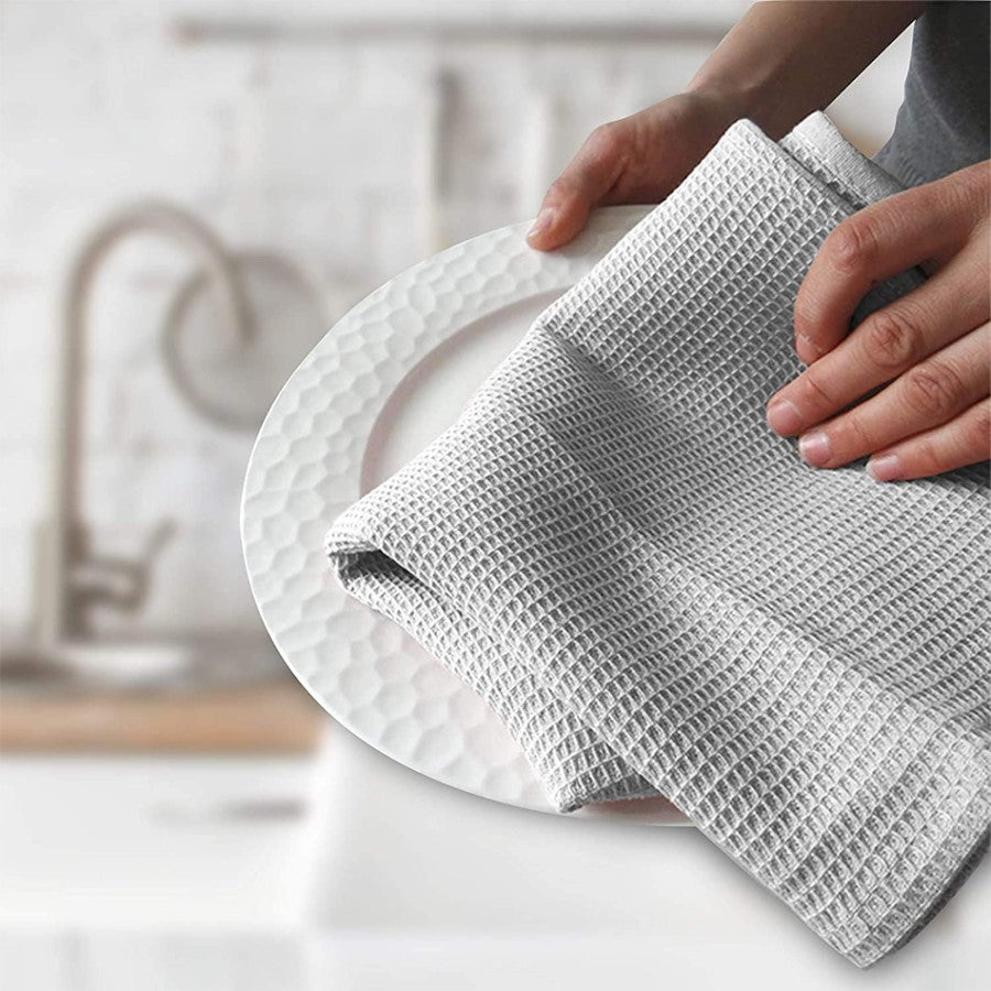 Drying Dishes With Absorbent 100 Percent Cotton Kitchen Dish Towel