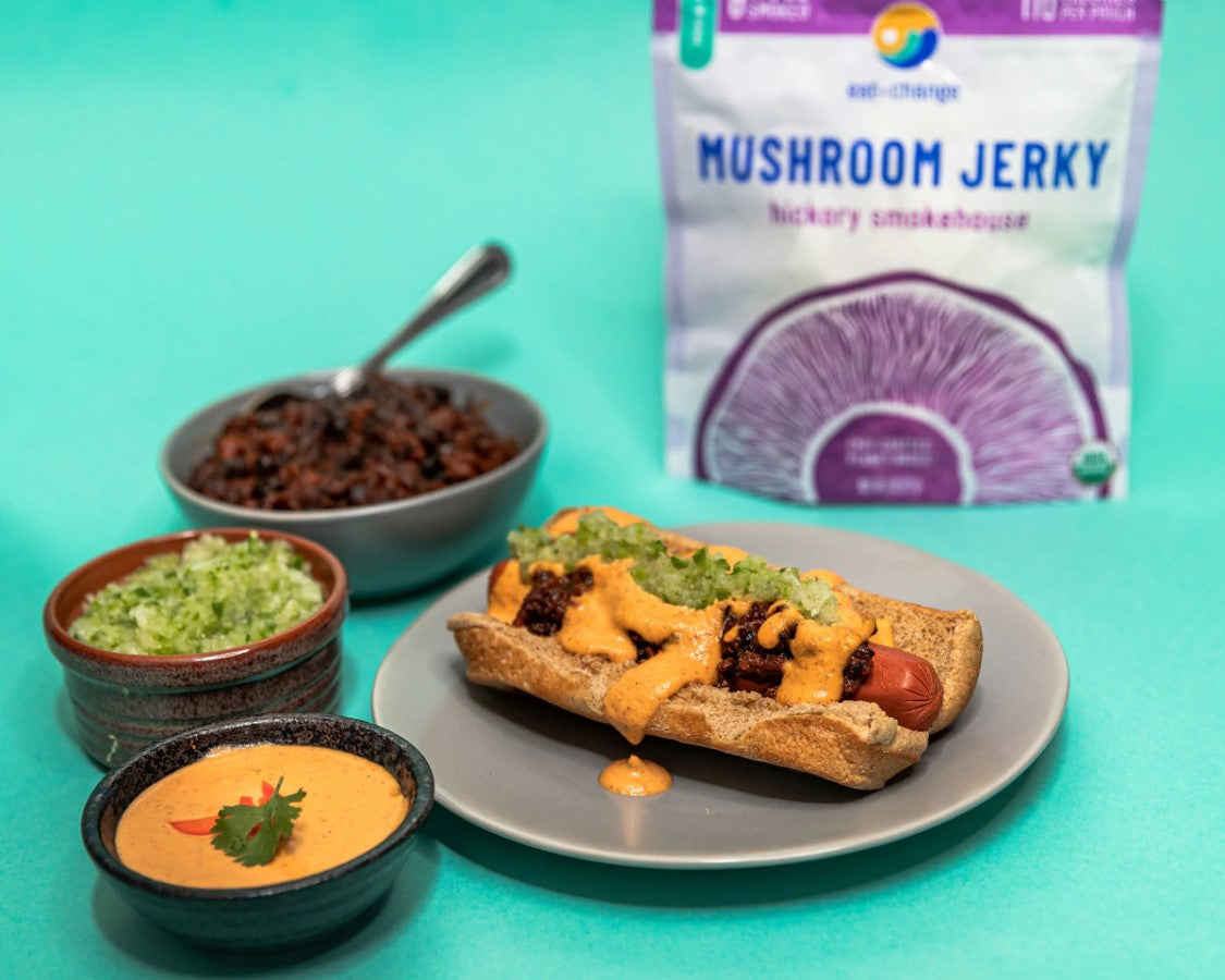 Chili Cheese Dog With Jalapeno Onion Relish Eat The Change Recipe Using Hickory Smokehouse Organic Shroom Jerky