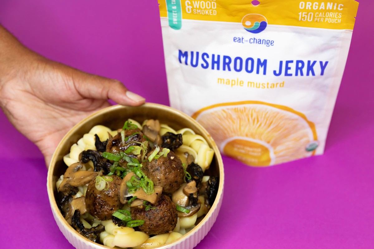 Eat The Change Vegan Jerky Recipe Using Maple Mustard Mushroom Jerky With Swedish Meatballs
