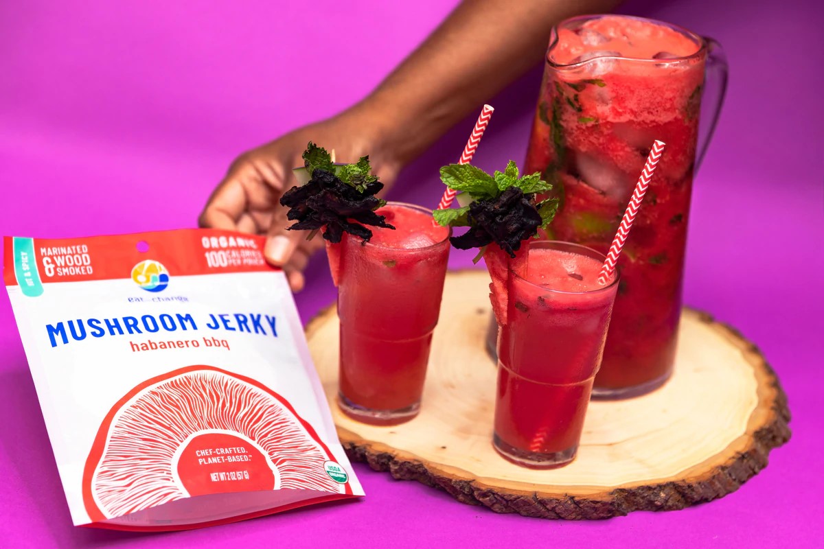 Watermelon Cooler Drinks Garnished With Habanero BBQ Vegan Mushroom Jerky From Eat The Change