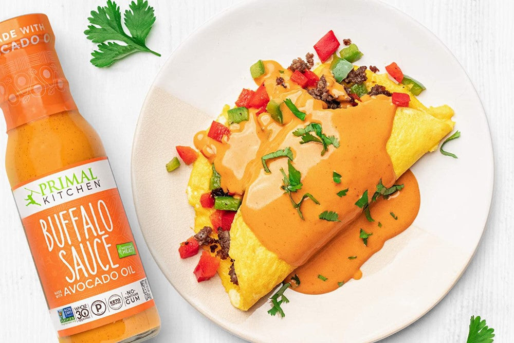 Egg Omelet With Fresh Vegetables And Medium Heat Primal Kitchen Buffalo Sauce No Xanthan Gum
