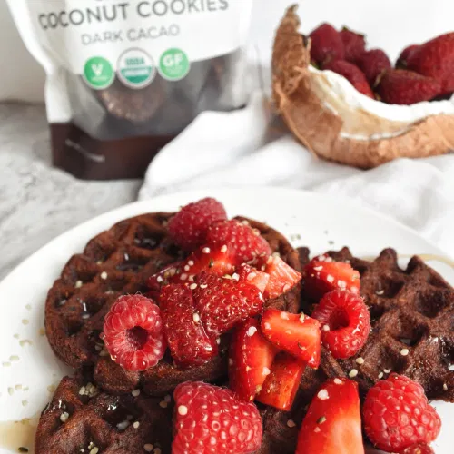 Chocolate Cookie Waffles Recipe Made Using Emmy's Organic Dark Cacao Coconut Cookies Topped With Fresh Berries