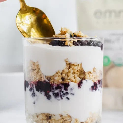 Gold Spoon And Vanilla Bean Blackberry Parfait Recipe Made Using Emmy's Organics Vanilla Bean Coconut Cookies