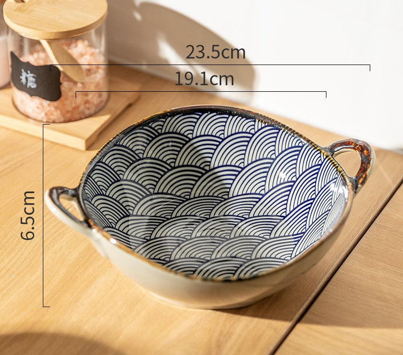 Endless Seigaiha Irregular Shape Farmhouse Style Bowl With Handles