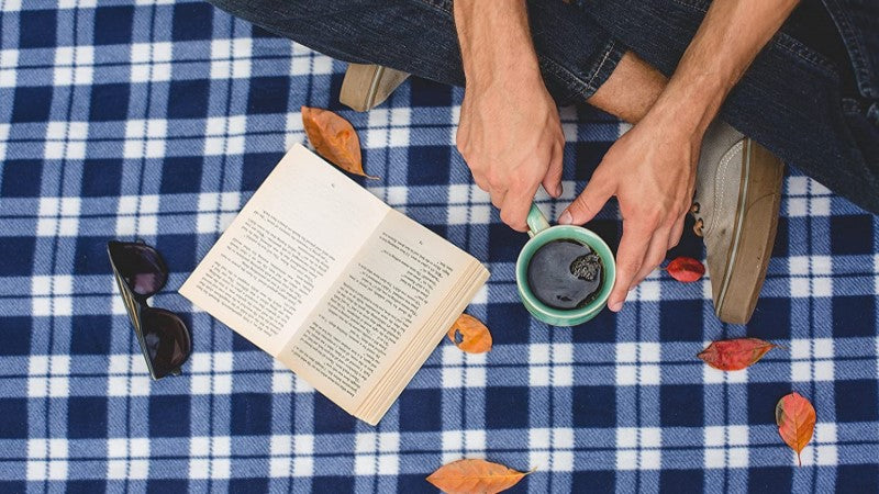Person Sitting Outdoors On Blue Plaid Blanket With Fall Leaves In The Autumn Drinking Equal Exchange Organic Coffee And Reading A Book