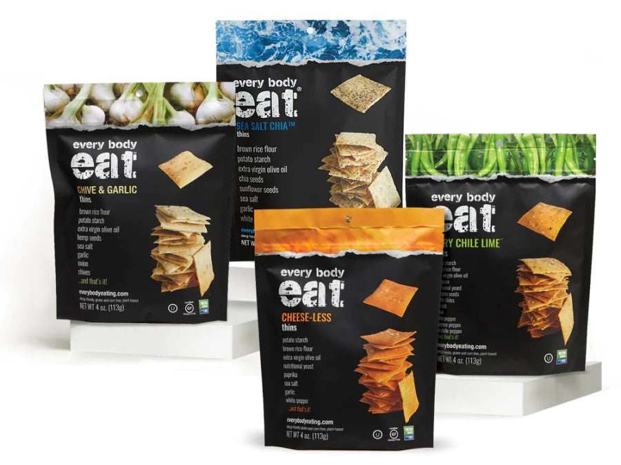 Four Clean Cracker Flavors Every Body Eat Thins Chive & Garlic Sea Salt Chia Fiery Chile Lime Cheese-Less