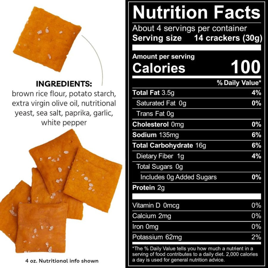 Every Body Eat Cheesy Cheese-Less Thins Snack Cracker Ingredients And Nutrition Facts No Dairy