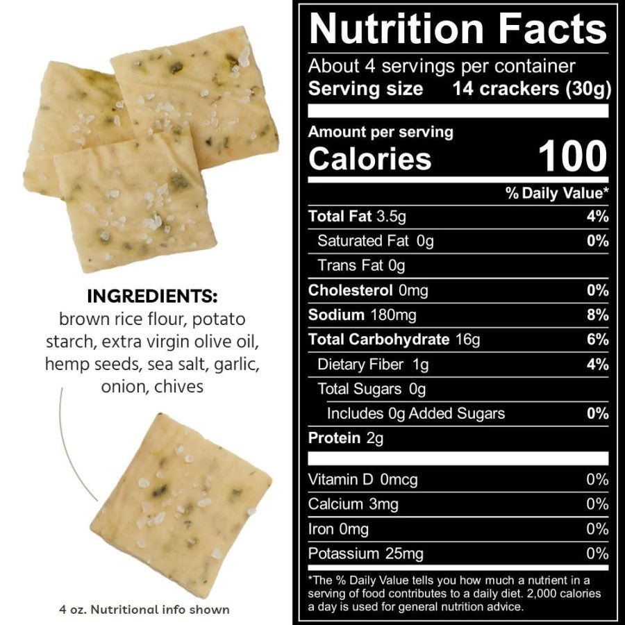 Every Body Eat Chive Garlic Thins Snack Cracker Ingredients And Nutrition Facts