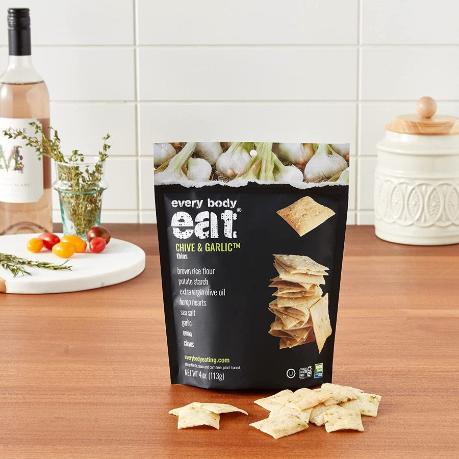 Non-GMO Gluten Free Thin Crackers To Pair With Wine Healthy Snacking Chive & Garlic Thins Every Body Eat