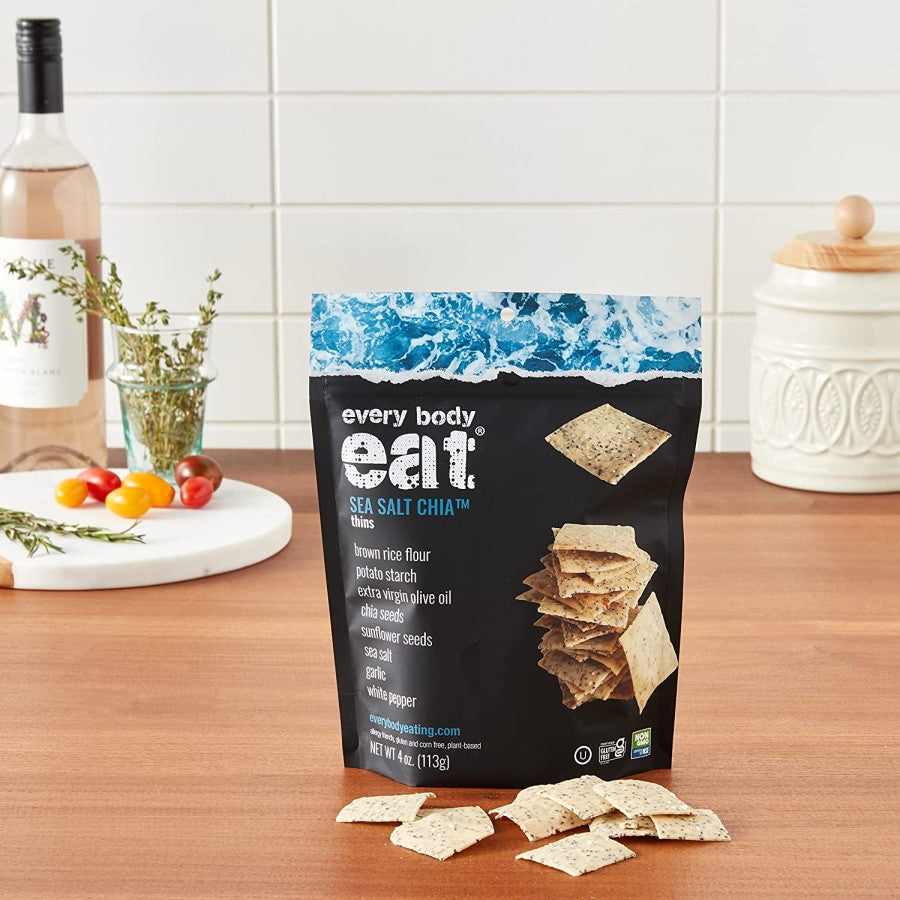 Non-GMO Gluten Free Thin Crackers To Pair With Wine Healthy Snacking Sea Salt Chia Thins Every Body Eat