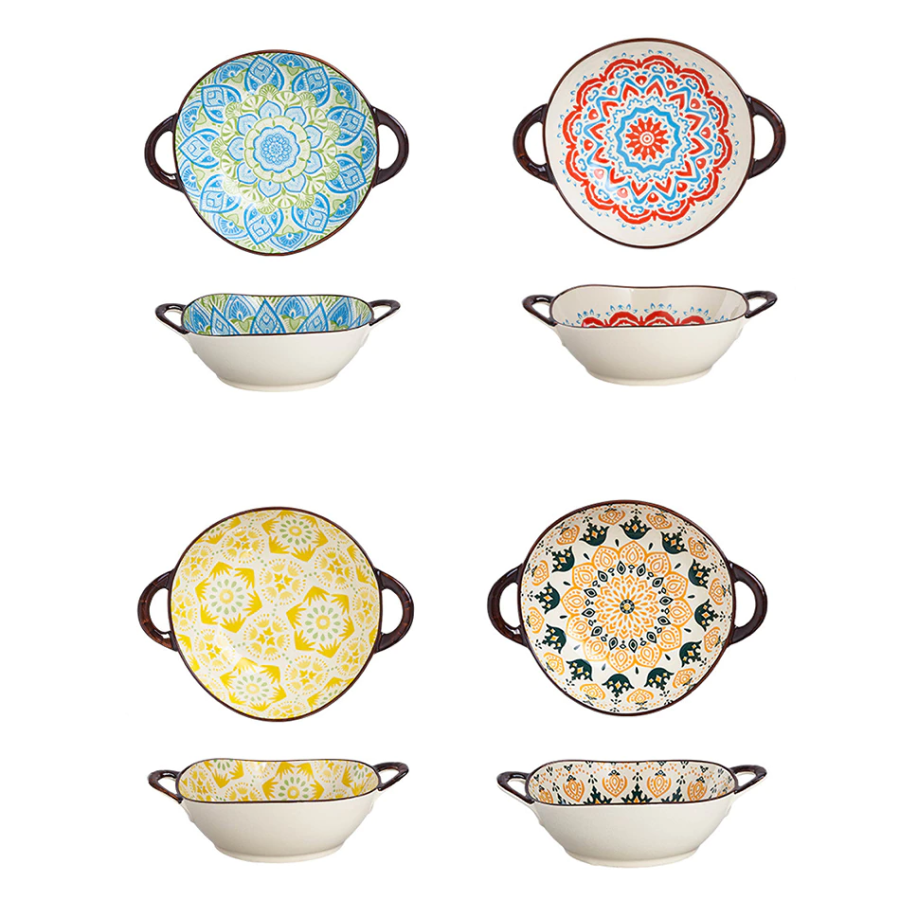 Farmhouse Boho Style Irregular Shaped Ceramic Bowls With Handles