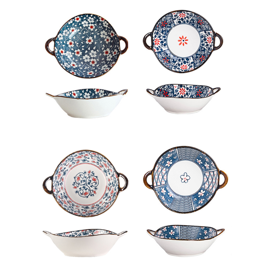 Farmhouse Oriental Style Irregular Shaped Ceramic Bowls With Handles