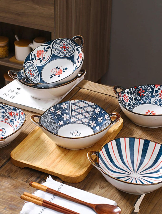 Farmhouse Style Bowls With Handles Purposefully Irregular Shape Dinnerware Dishes In Oriental Flower Patterns