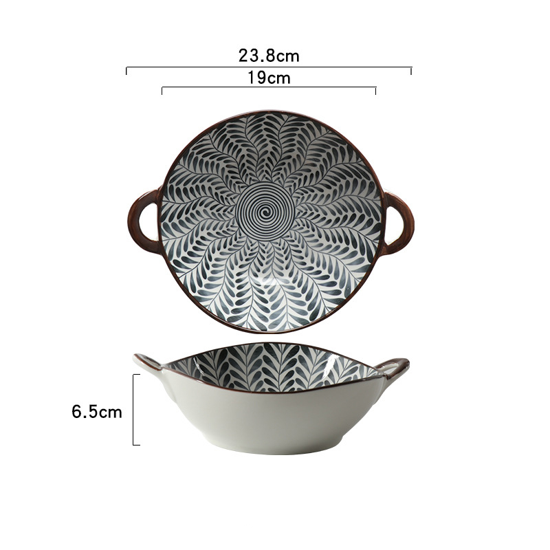 Farmhouse Modern Style Purposefully Irregular Shape Ceramic Bowl Fern Maze Pattern