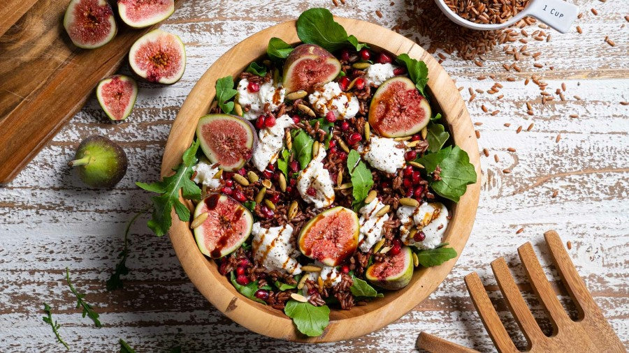 Beautiful Wooden Bowl Of Fig And Burrata Salad With Red Rice Lundberg Rice Recipe Red Jasmine