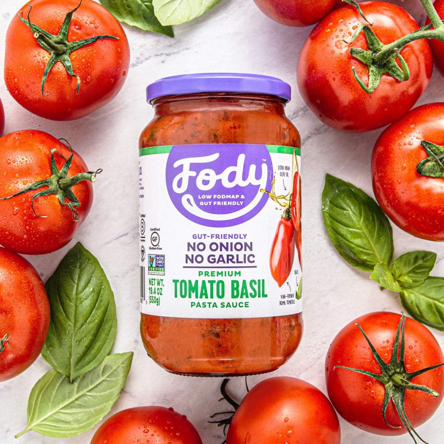 Jar Of Gut Friendly Fody Low FODMAP Premium Tomato Basil Pasta Sauce With Fresh Tomatoes And Basil