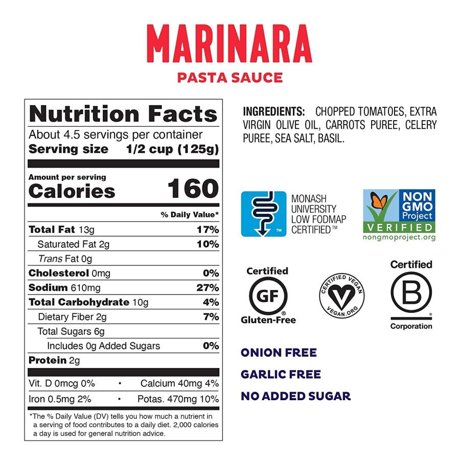 Ingredients Of Low FODMAP Certified Marinara Pasta Sauce From Fody Nutrition Facts