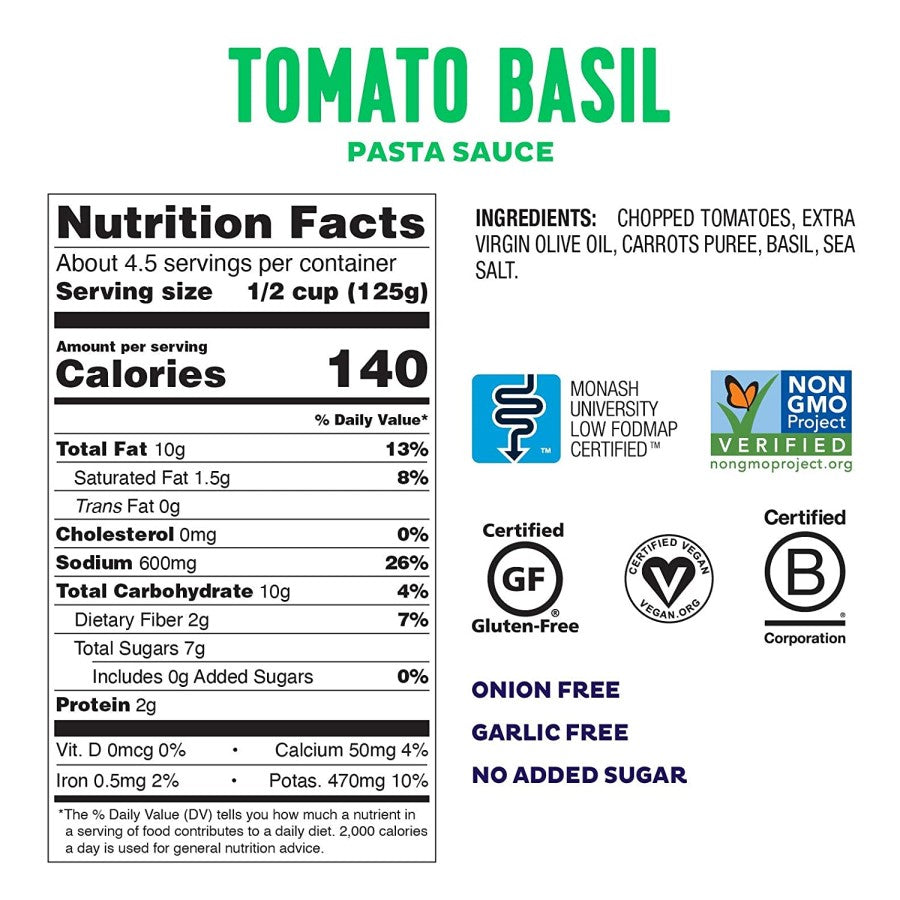 Ingredients Of Low FODMAP Certified Tomato Basil Pasta Sauce From Fody Nutrition Facts