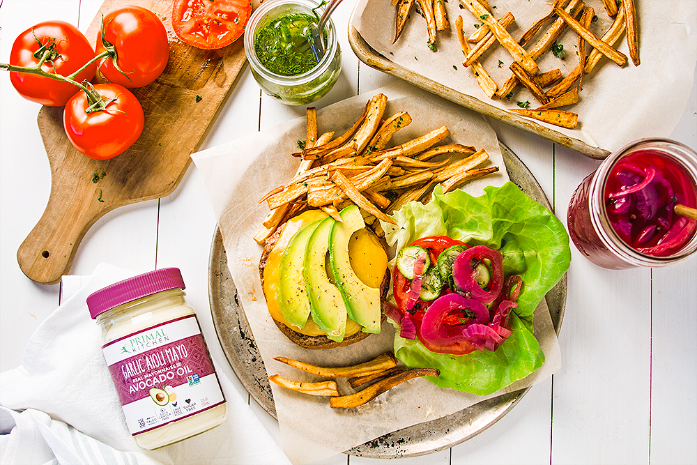 Fries And Garlic Aioli Burger Primal Kitchen Recipe Using Non-GMO Avocado Oil Mayonnaise