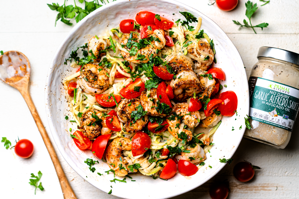 Primal Kitchen Garlic Alfredo Sauce Recipe Garlic Shrimp Alfredo With Gluten Free Zoodles And Tomatoes