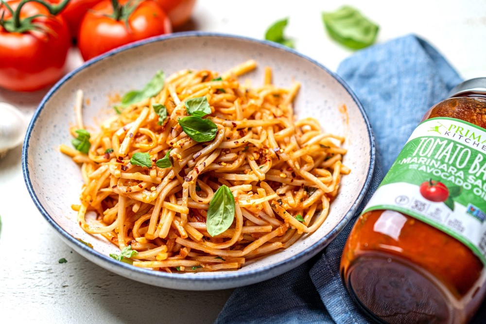 Gluten Free Low Carb Spaghetti With Tomato Basil Marinara Sauce From Primal Kitchen