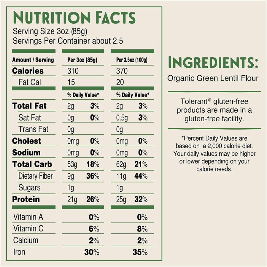 Tolerant Organic Green Lentil Pasta Penne Ingredient Nutrition Facts
