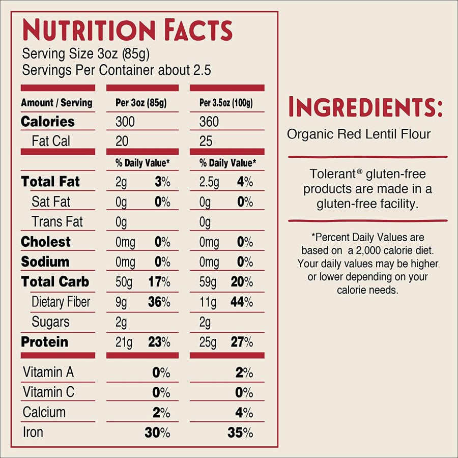 Tolerant Organic Red Lentil Pasta Penne Ingredient Nutrition Facts