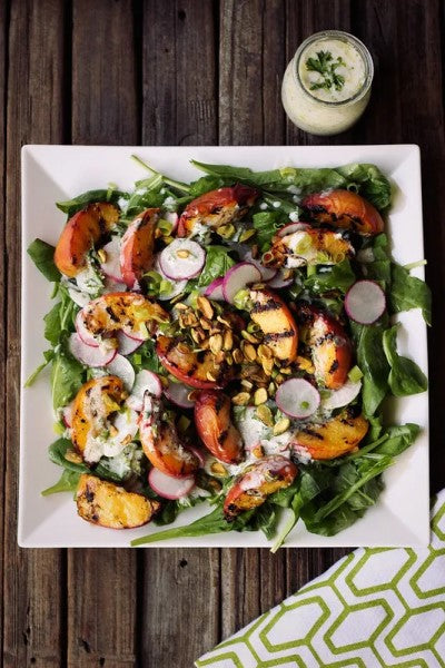 Terra Delyssa Olive Oil Is Used In Healthy Summer Recipe Grilled Peach Salad With Baby Arugula Pistachios And Lemony Yogurt Dressing
