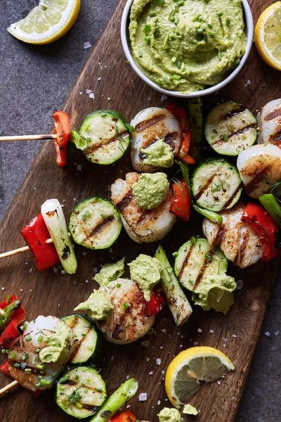 Healthy Grilled Kabobs Made Using Olive Oil From Terra Delyssa For Grilled Scallop And Veggie Skewers With Green Tahini Dip