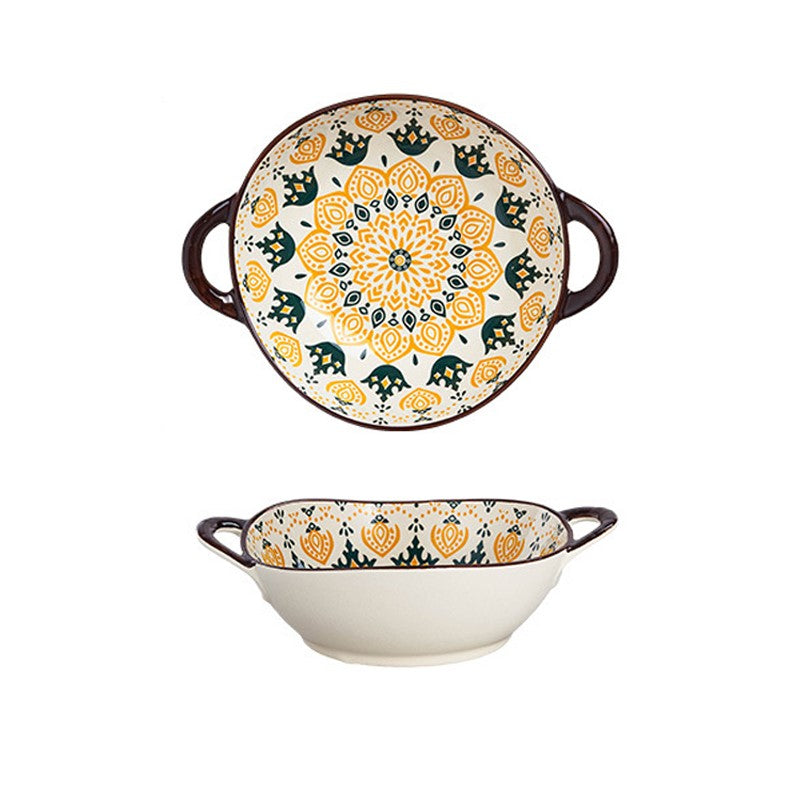 Farmhouse Boho Style Purposefully Irregular Shape Ceramic Pottery Bowl With Handles Gypsy Pattern