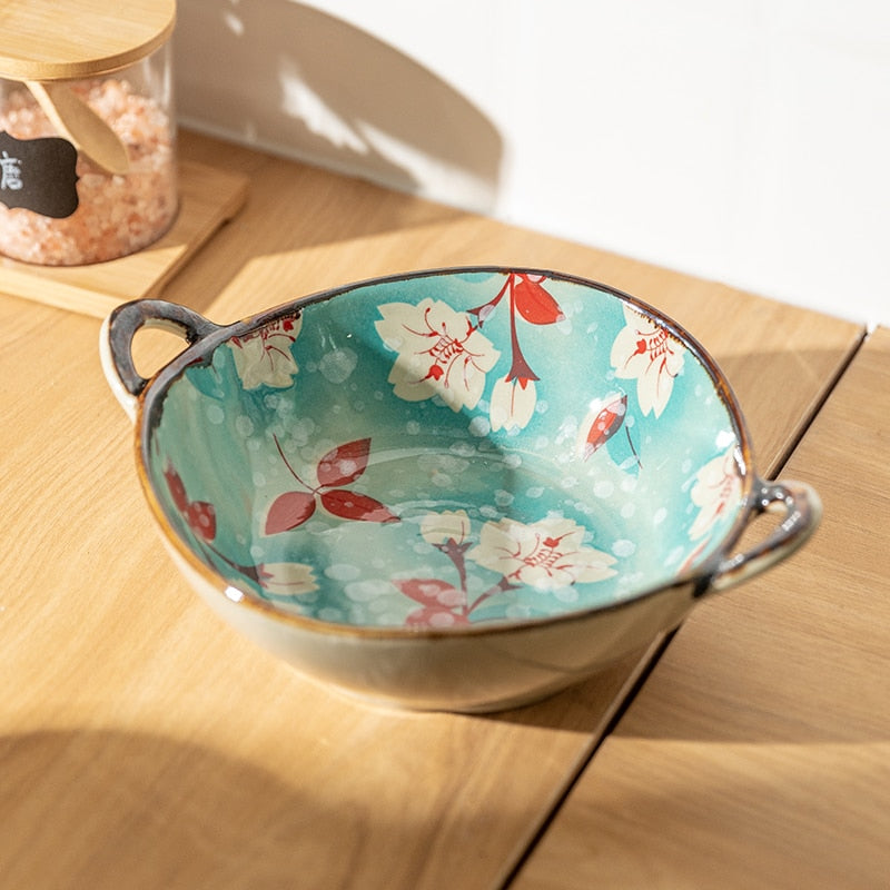Hand Painted Oriental Looking Floral Pattern Bowl With Handles