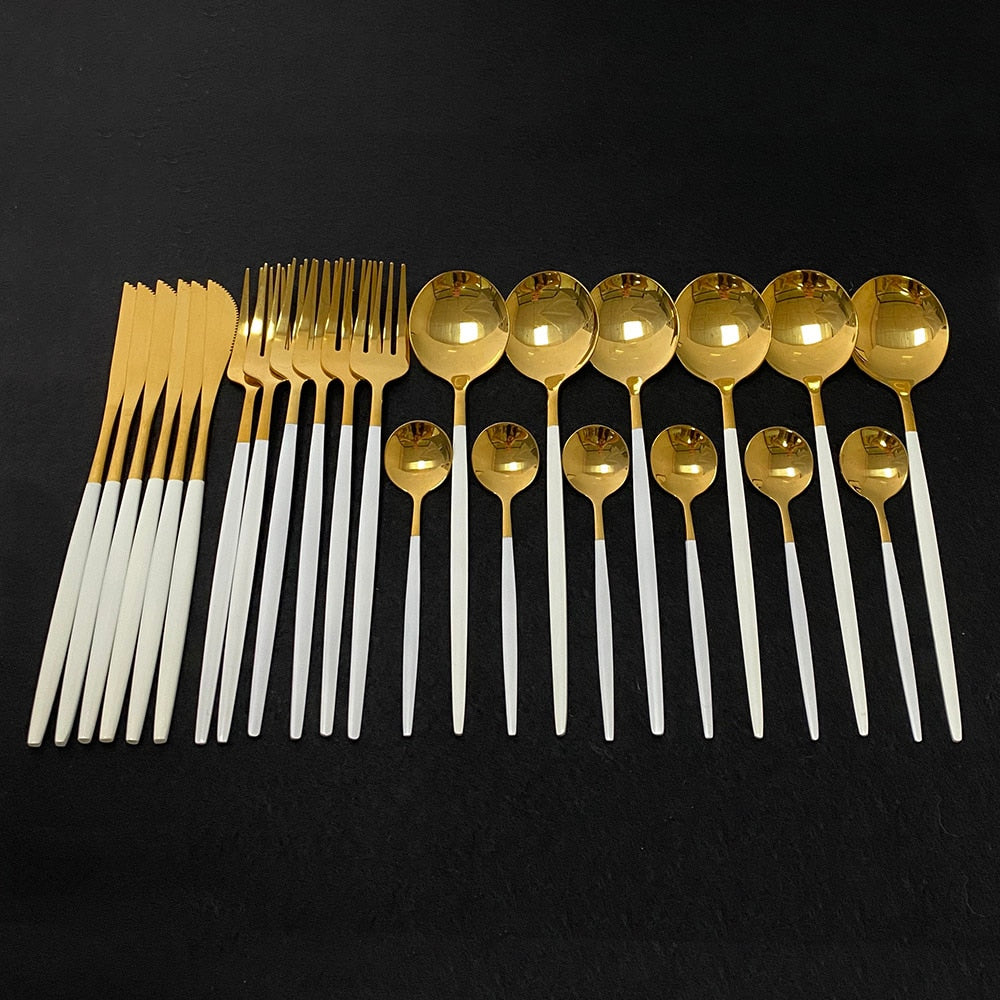 Gold Flatware Set With White Handle