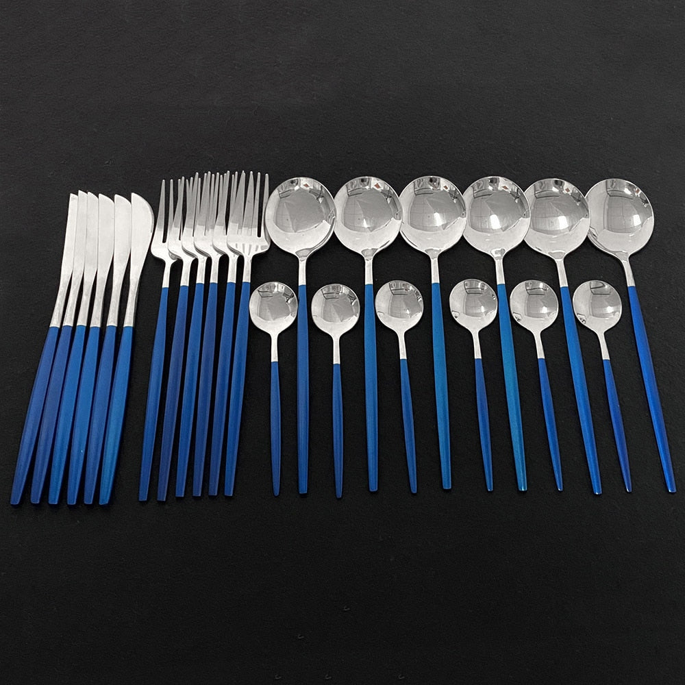Modern 24 Piece Stainless Steel Silver Flatware Set With Colorful Cobalt Handles Silverware