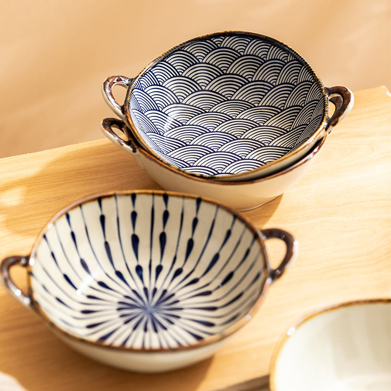 Dishwasher Safe Dishware Ceramic Bowls Irregular Shape With Handles Japanese Wave Pattern And Blue Rain Drop Looking Prints