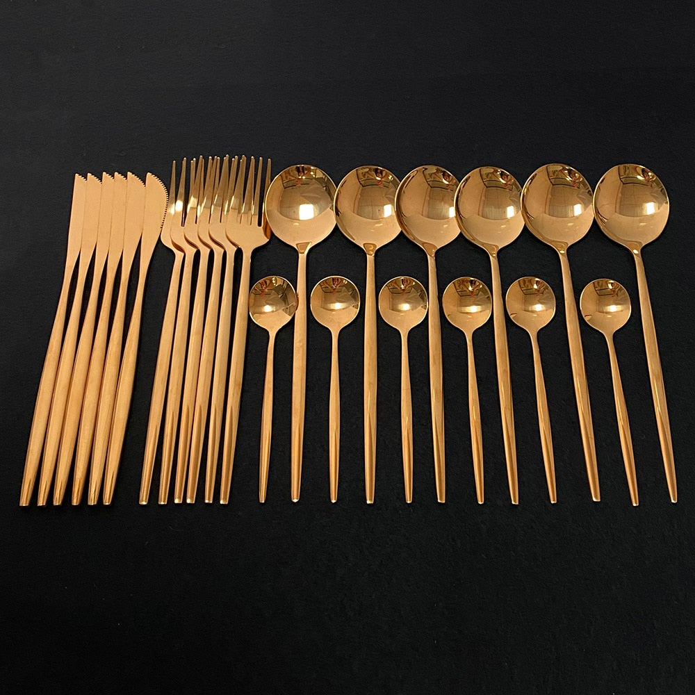 Modern Silverware 24 Piece Stainless Steel Rose Gold Color Flatware Set