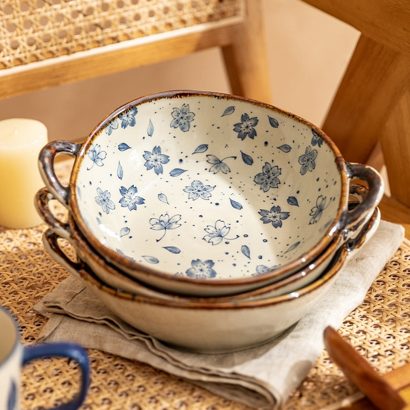 Pretty Tableware Dishes In Modern Farmhouse Styles Stack Of Ceramic Bowls With Handles And Flower Prints