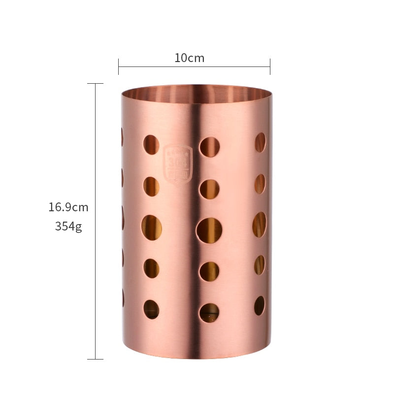 Size Measurements Of Rose Gold Food Grade Stainless Steel Metal Crock For Holding Kitchen Utensils And Cooking Tools