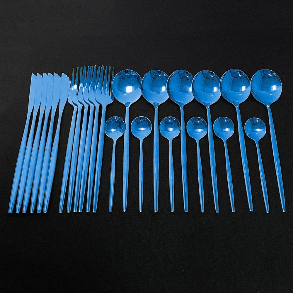 Modern Silverware 24 Piece Stainless Steel Cobalt Blue Color Flatware Set