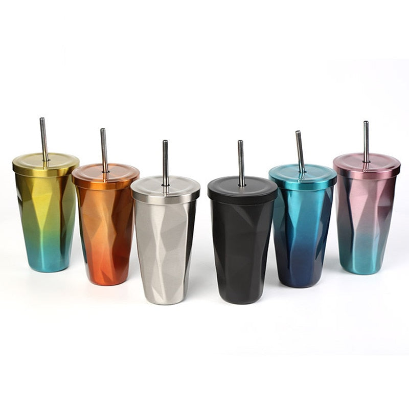 Stainless Steel Prismatic Tumbler With Straw