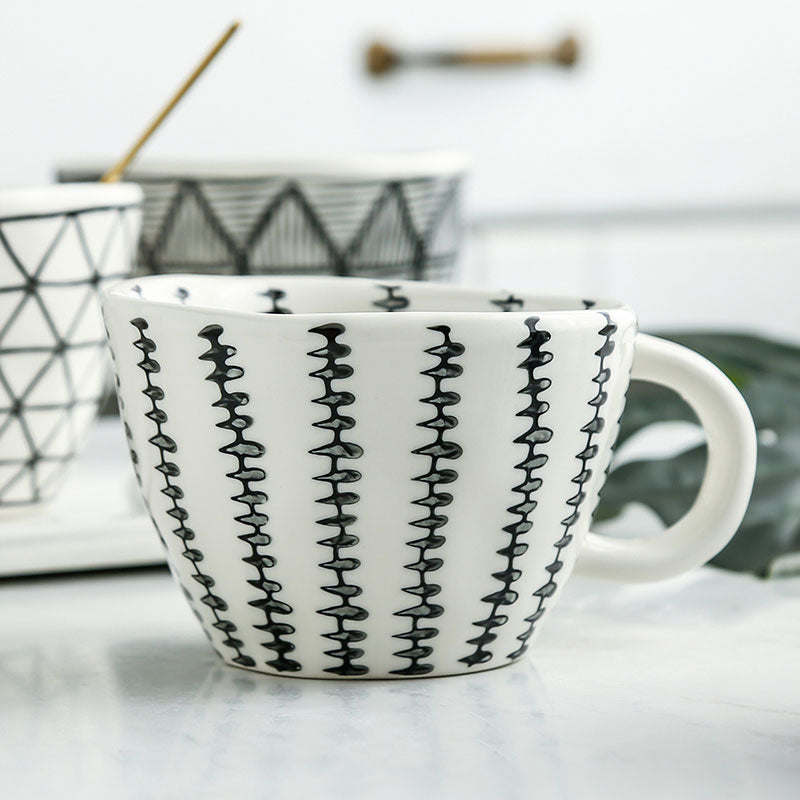 Purposefully Irregular Shaped Cup With Pattern Painted Inside And Outside Art Style Mug In Black And White Print