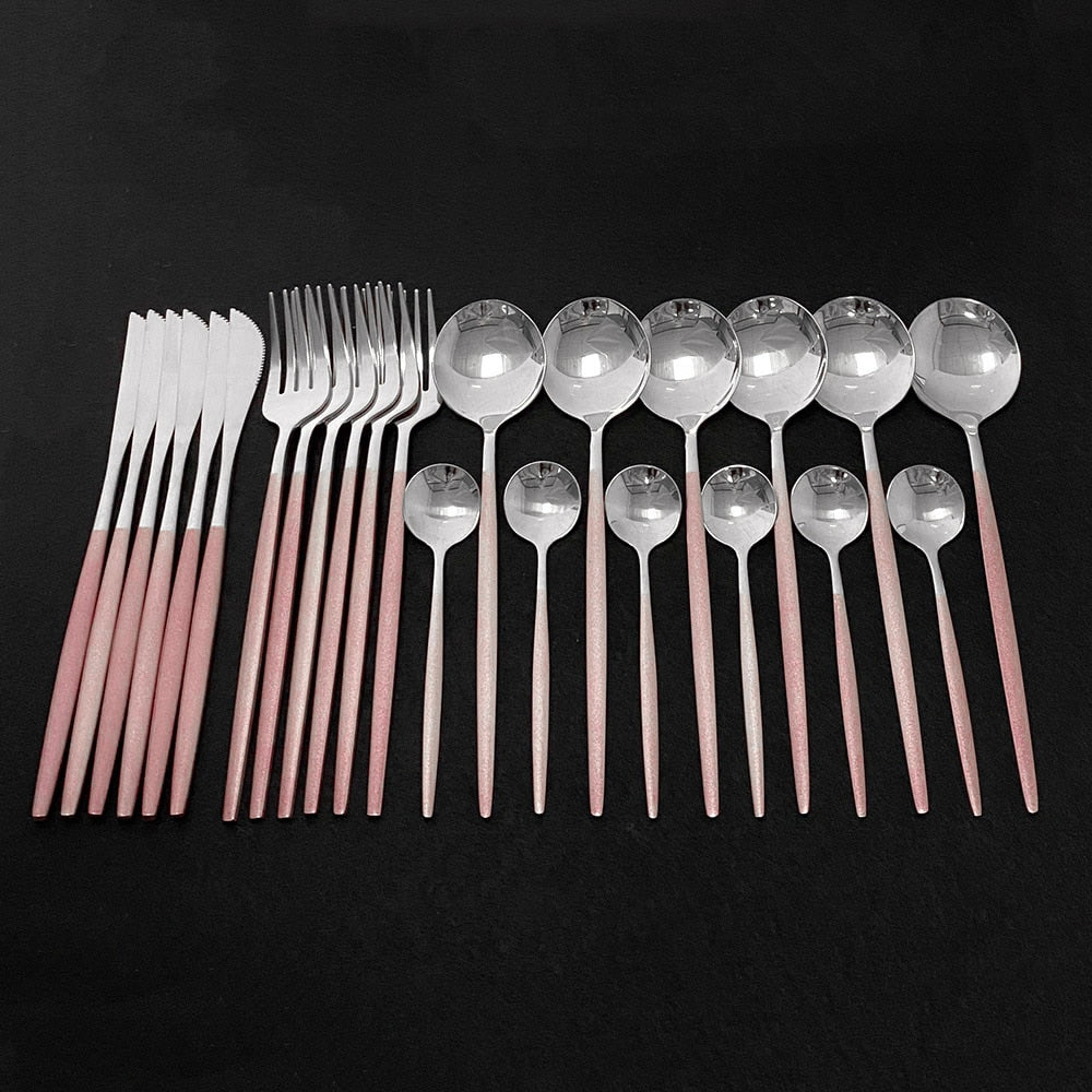 Modern 24 Piece Stainless Steel Silver Flatware Set With Colorful Pink Handles Silverware