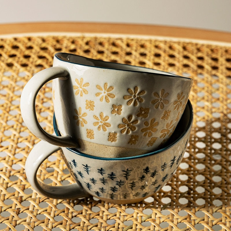 Handcrafted Hand Painted Irregular Shape Mugs From Terra Powders In Meadow And Alpine Patterns