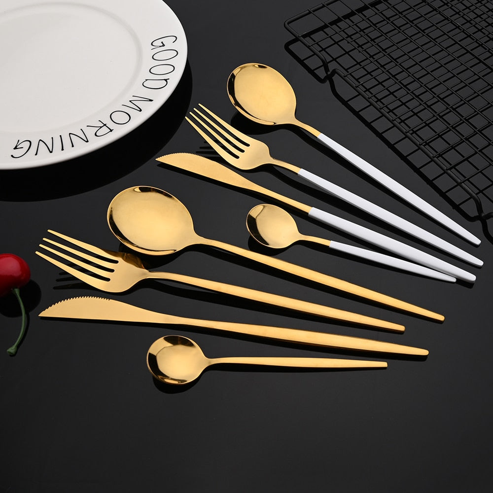 Gold Flatware Set With White Handle