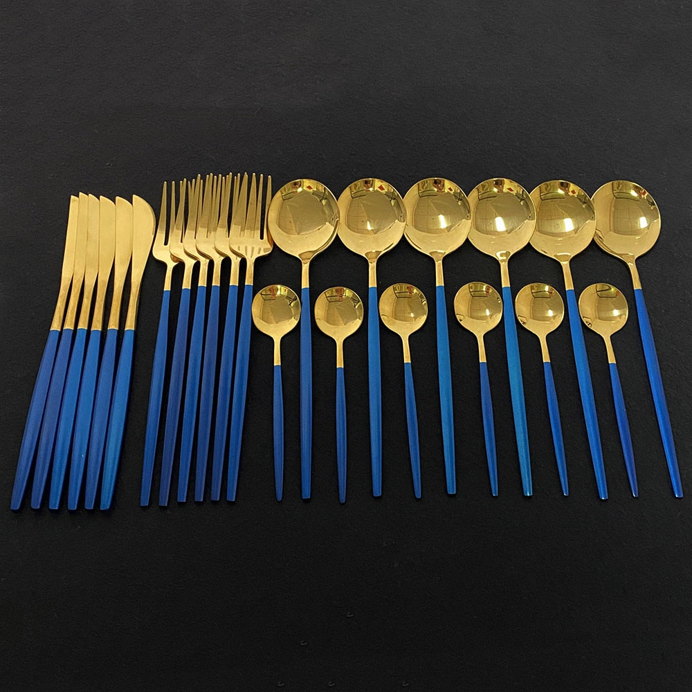 Modern 24 Piece Stainless Steel Gold Flatware Set With Colorful Cobalt Handles Silverware