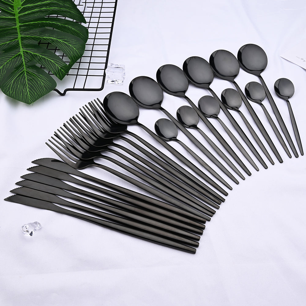 Sleek Black Flatware Set 24 Piece Silverware Stainless Steel Black Modern Forks Knives And Spoons