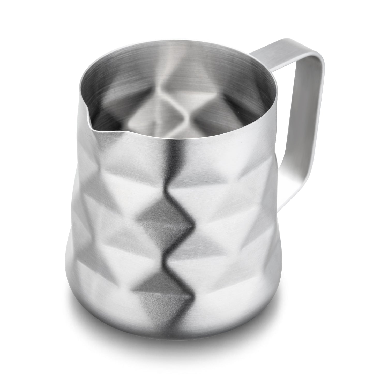12 Ounce Sleek And Stylish Barista Frothing Pitcher For Making Cappuccinos And Coffee Lattes Prismatic Pattern Stainless Steel